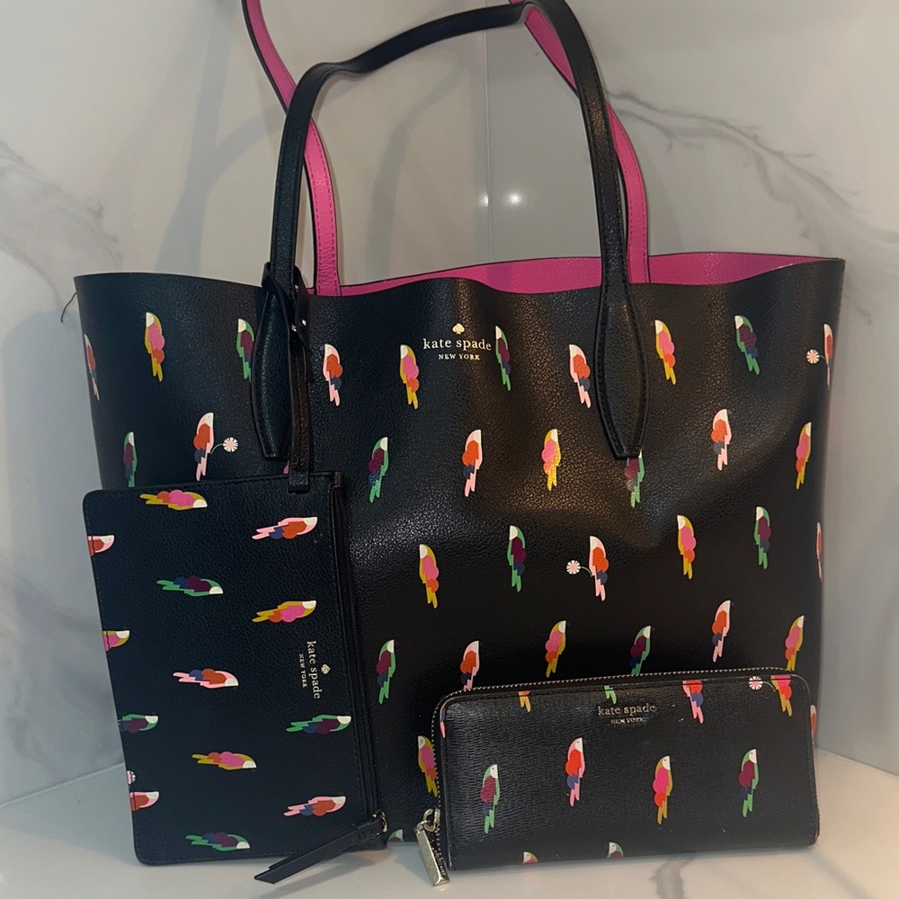 Kate Spade Black Tote with Colorful Parrot Design